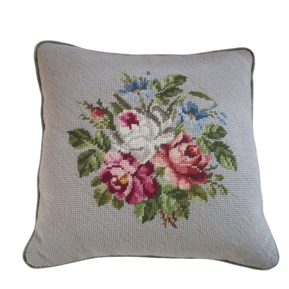 Vintage Floral Needlepoint Throw Pillow Gray Green Velvet Back Handcrafted GUC - Picture 3 of 16